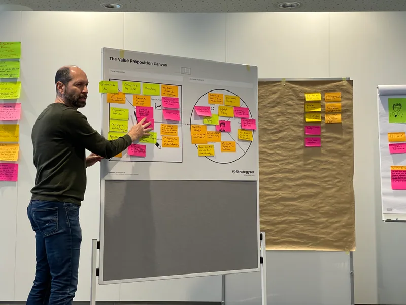 Eine Person zeigt auf ein Flipchart mit einem Value Proposition Canvas, dicht beklebt mit bunten Haftnotizen.